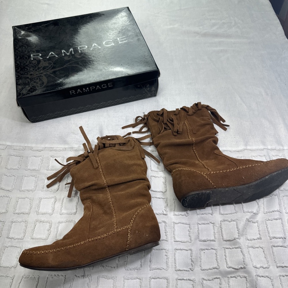 Rampage Brody size 7 Rust Suede Fringe Moccasin Mid Calf Slouch Boots 2A974-1